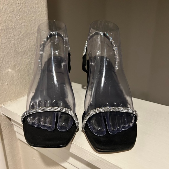 Lisa Vicky Mood Microsuede Block Heel Slide Sandal Black Rhinestone Strap Sz 6.5 - Picture 9 of 10